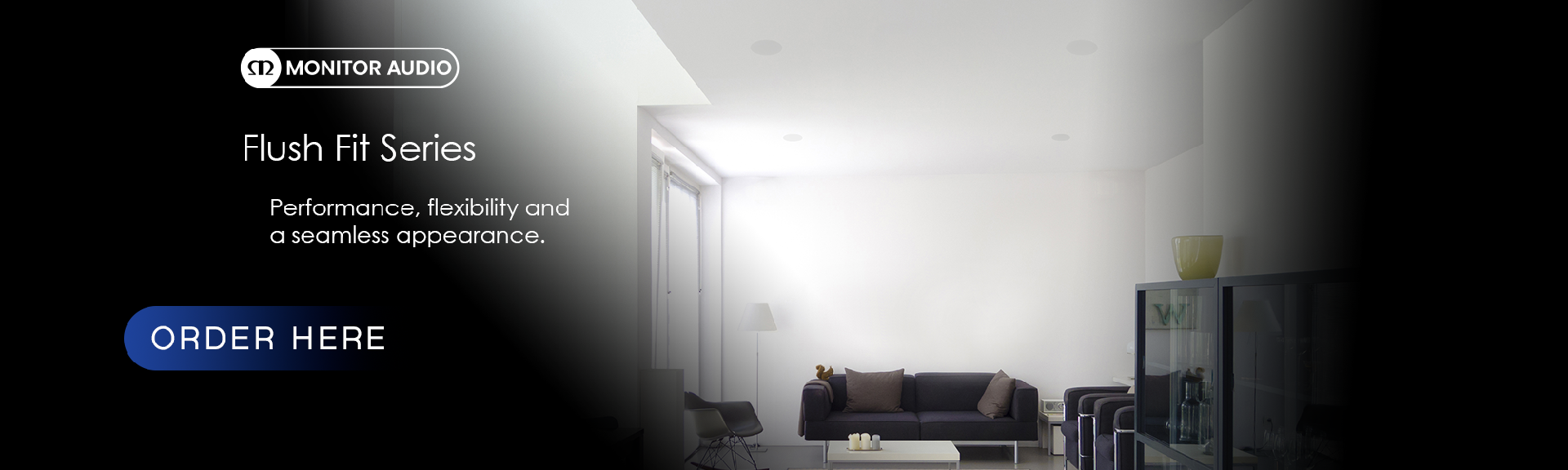 Lifestyle image showing Monitor Audio's small aperture speakers in a ceiling of a living room